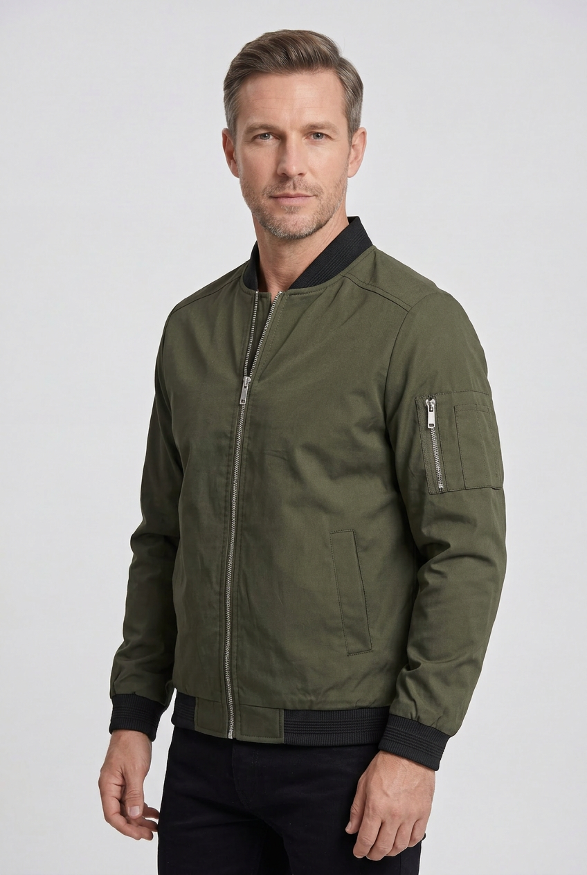 Classic Ribbed Collar Bomber Jacket with Zip Sleeve Pocket
