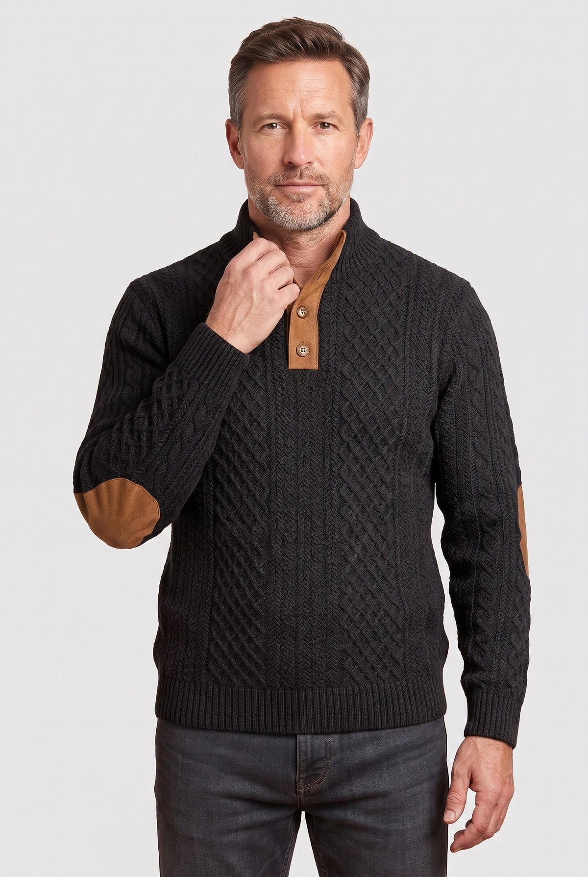 Classic Cable Knit Button Neck Sweater with Elbow Patches