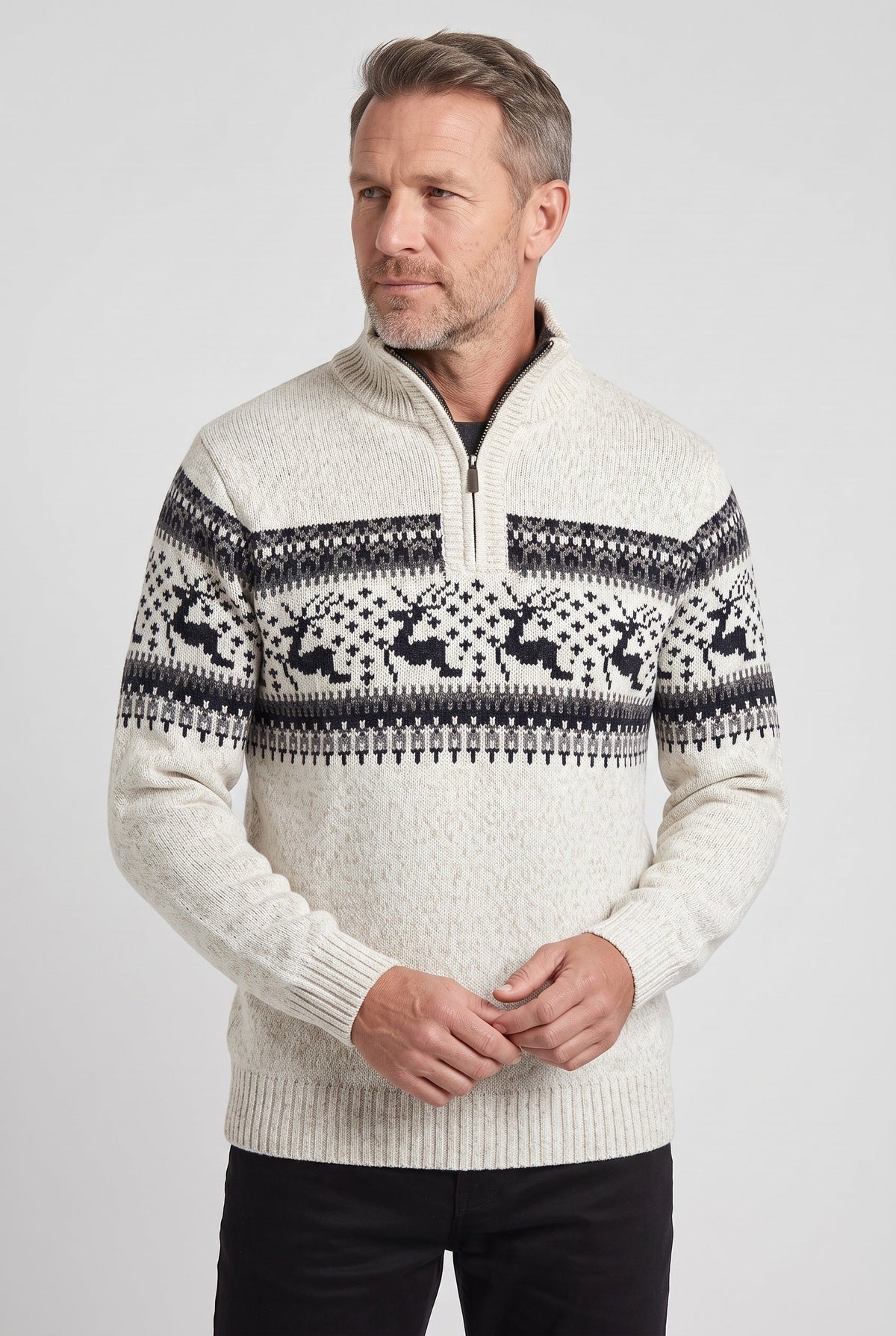 Classic Fair Isle Quarter Zip Sweater with Stand Collar