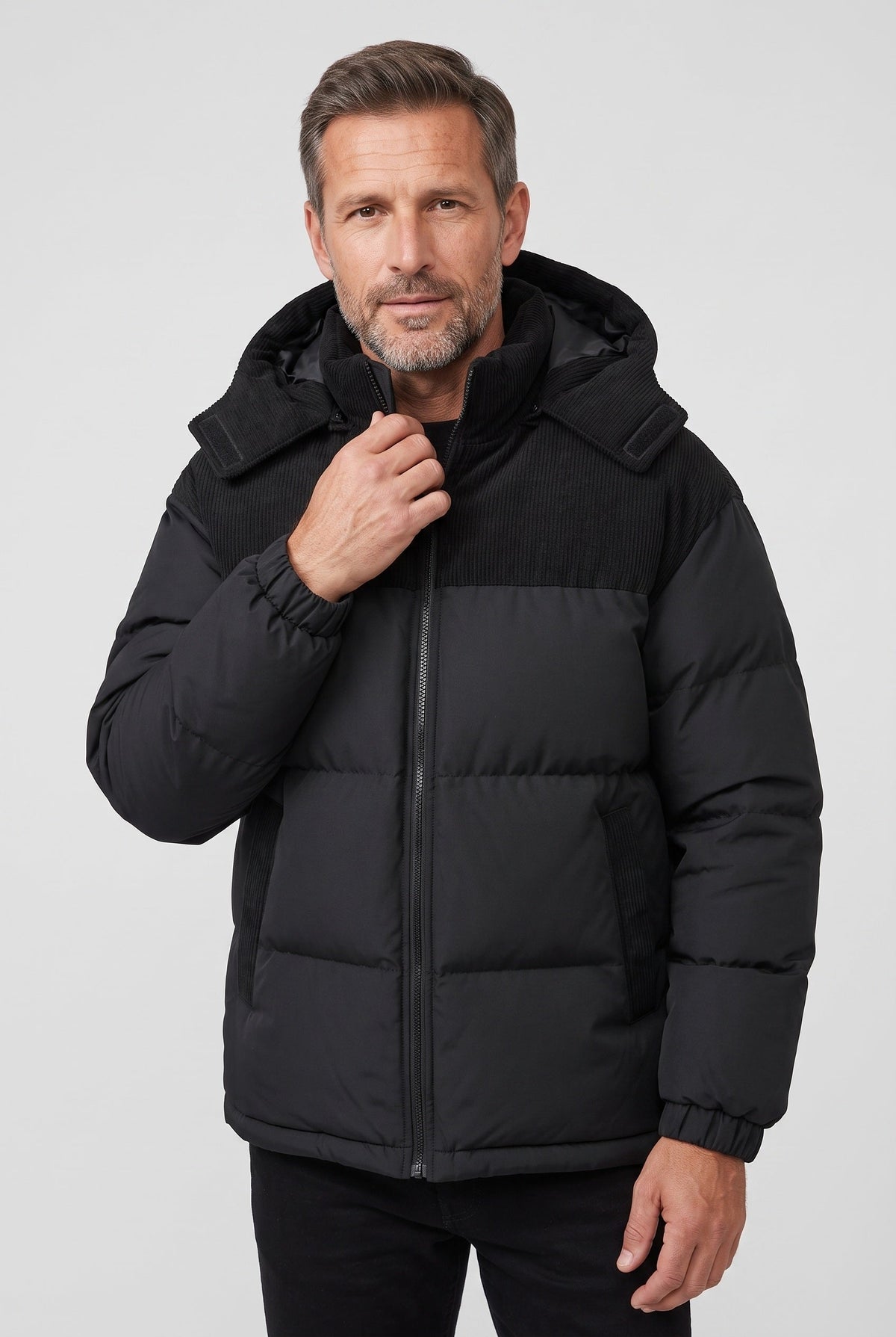 Casual Hooded Puffer Jacket with Ribbed Yoke