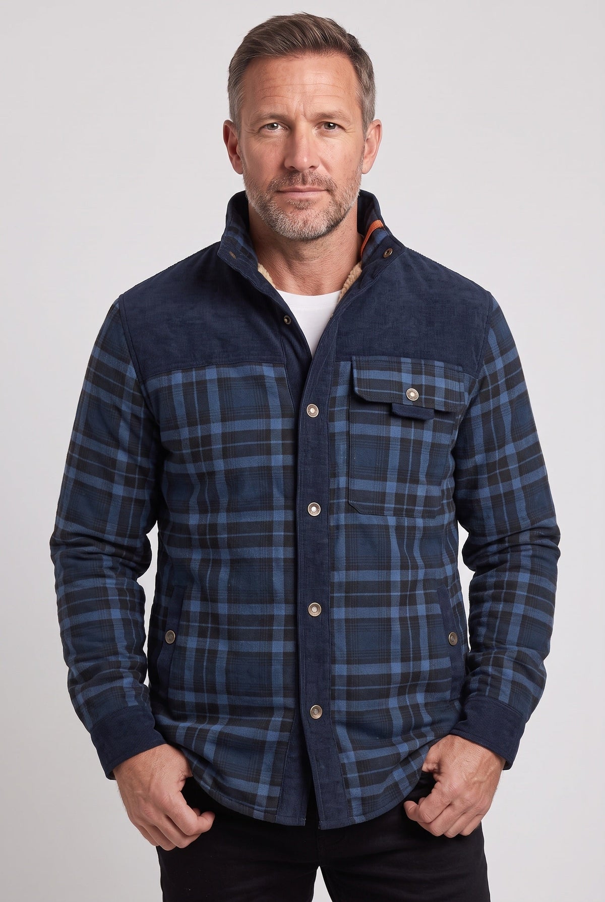 Classic Plaid Sherpa Jacket with Corduroy Collar