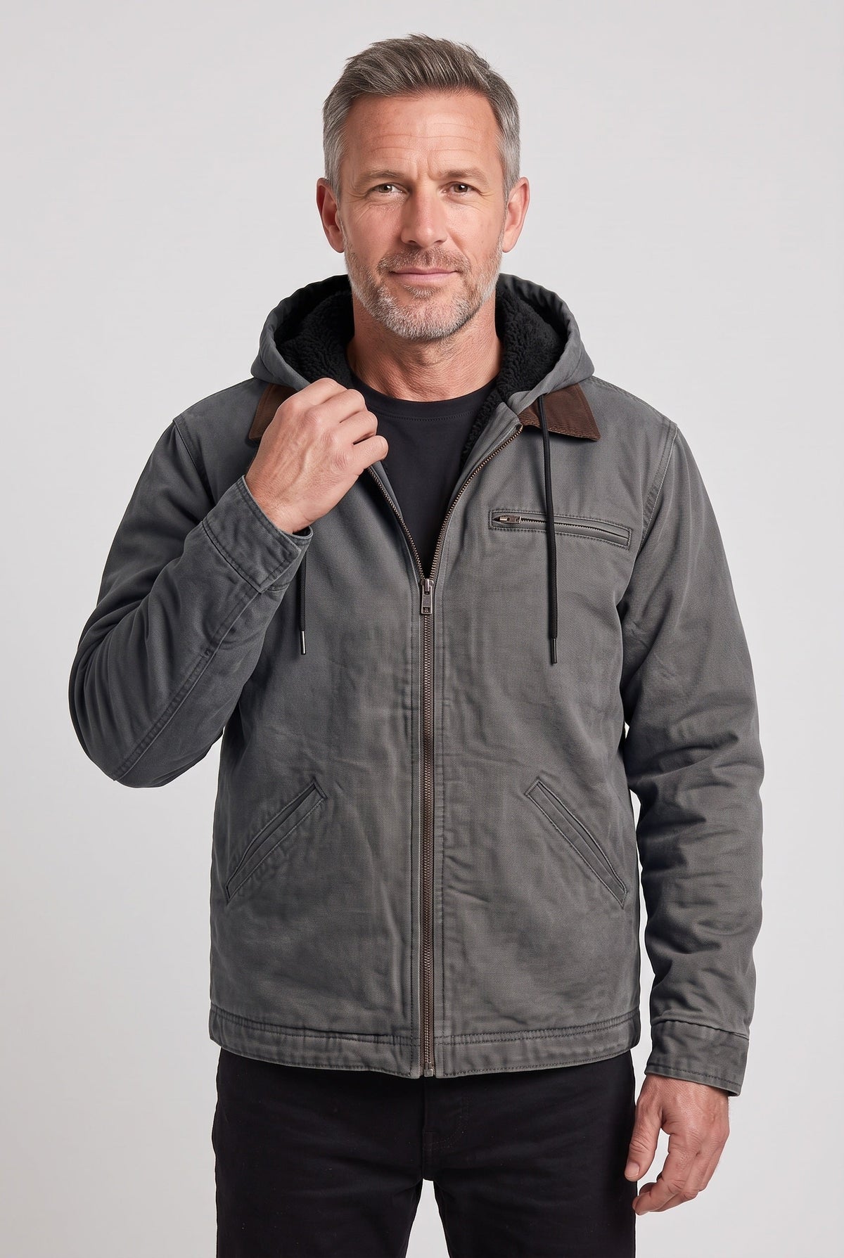 Casual Hooded Zip Front Jacket with Corduroy Collar for Winter
