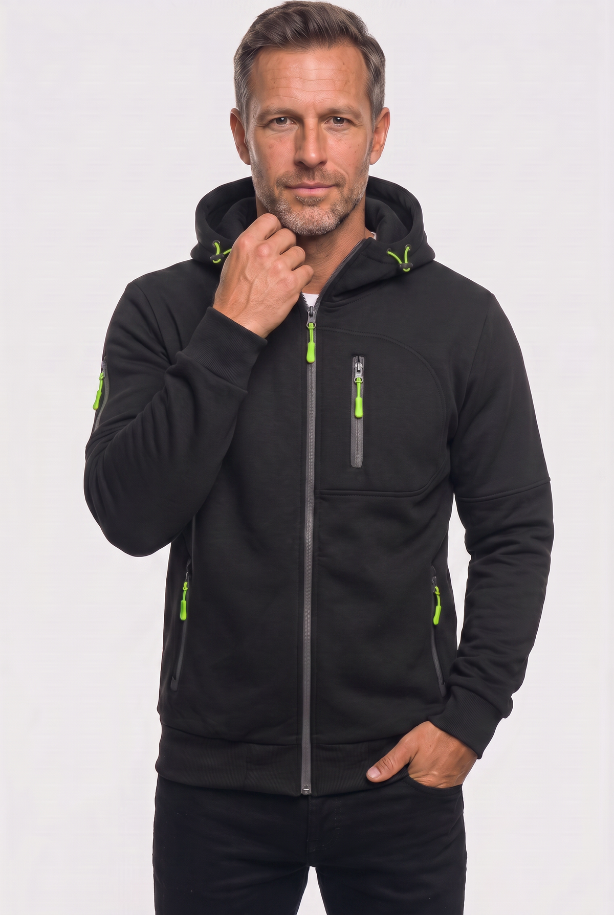 Casual Zip-Up Cotton Hoodie with Multiple Zipped Pockets