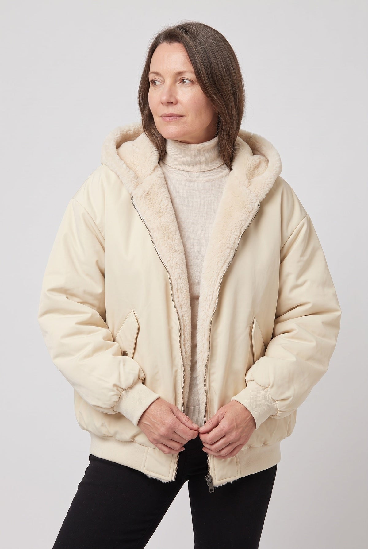 Casual Hooded Faux Fur Lined Bomber Jacket