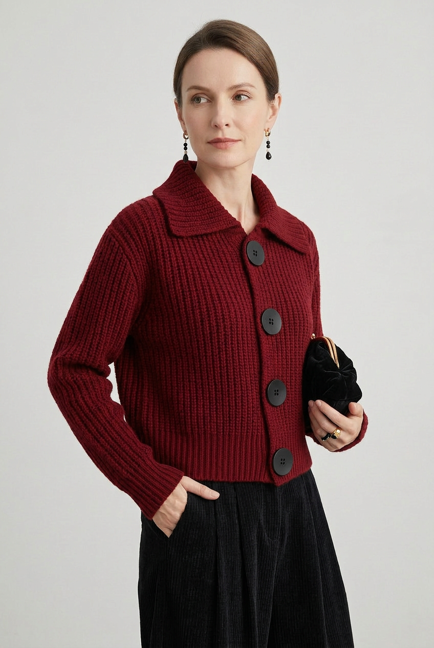 Casual Cropped Knit Cardigan with Point Collar and Buttons