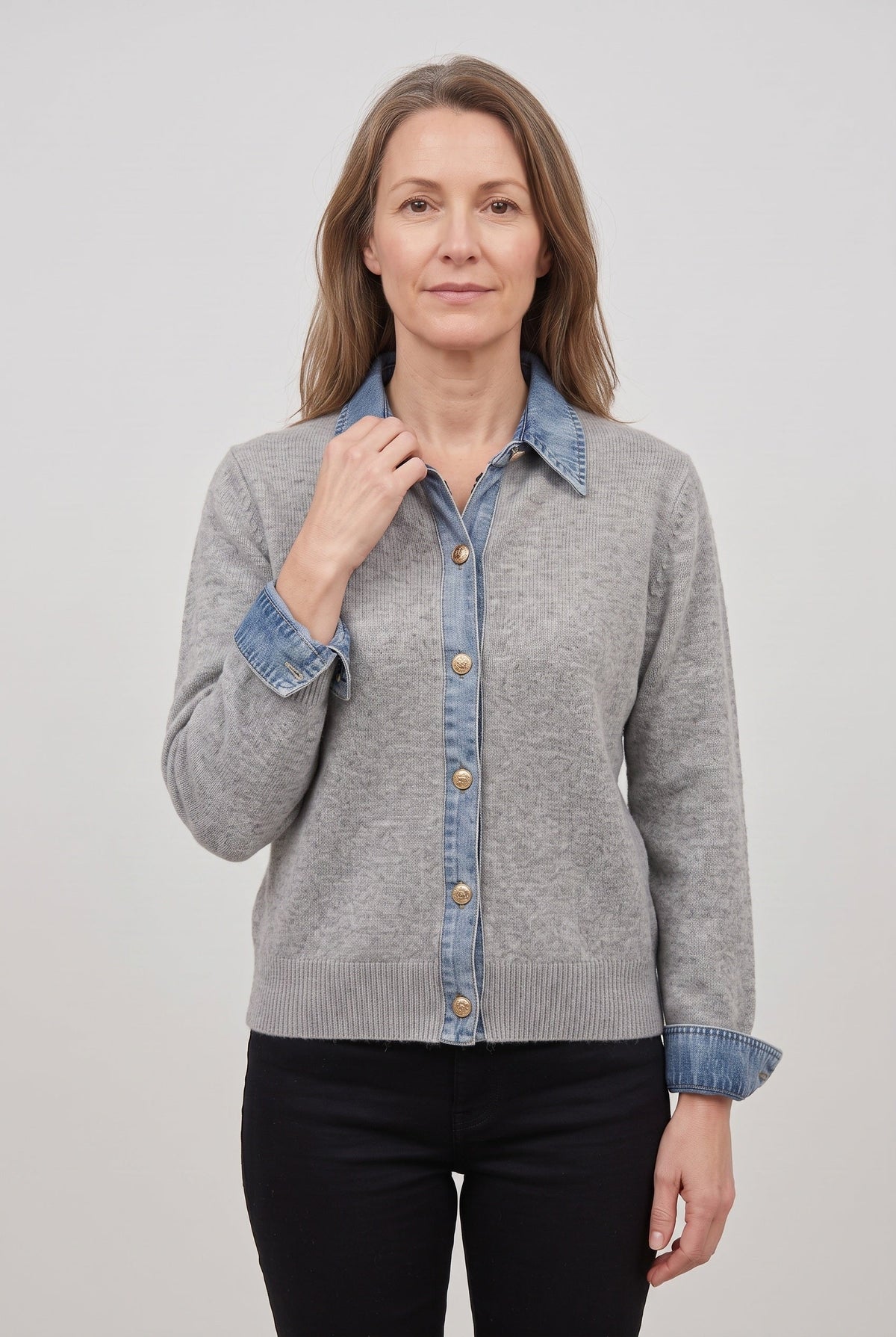 Casual Denim-Look Button Front Cardigan