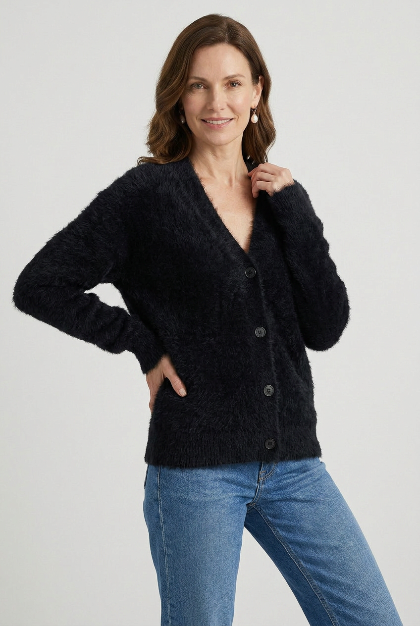 Cozy Fluffy Knit V-Neck Cardigan with Buttons