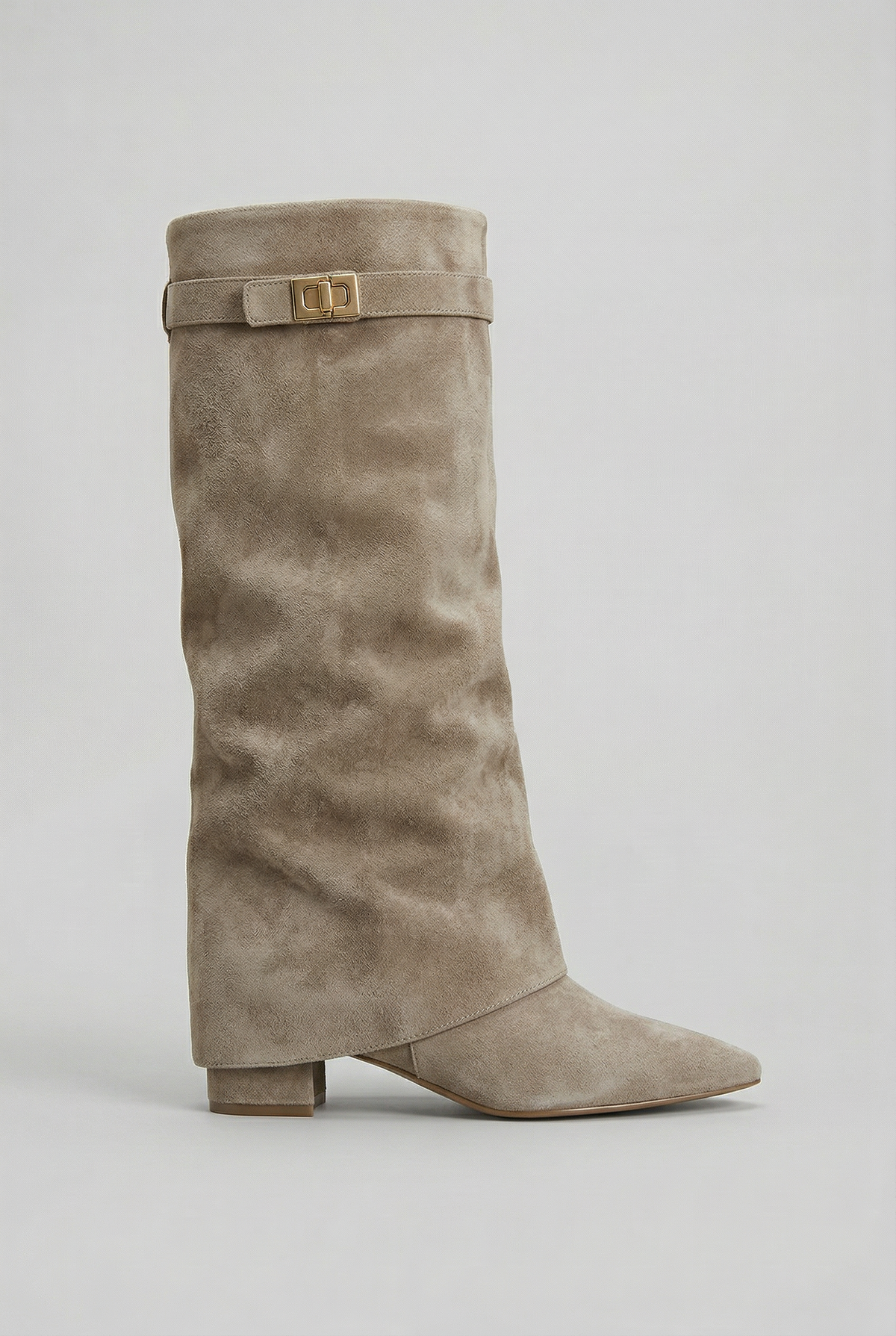 Classic Fold-Over Leather Knee High Boots with Block Heel