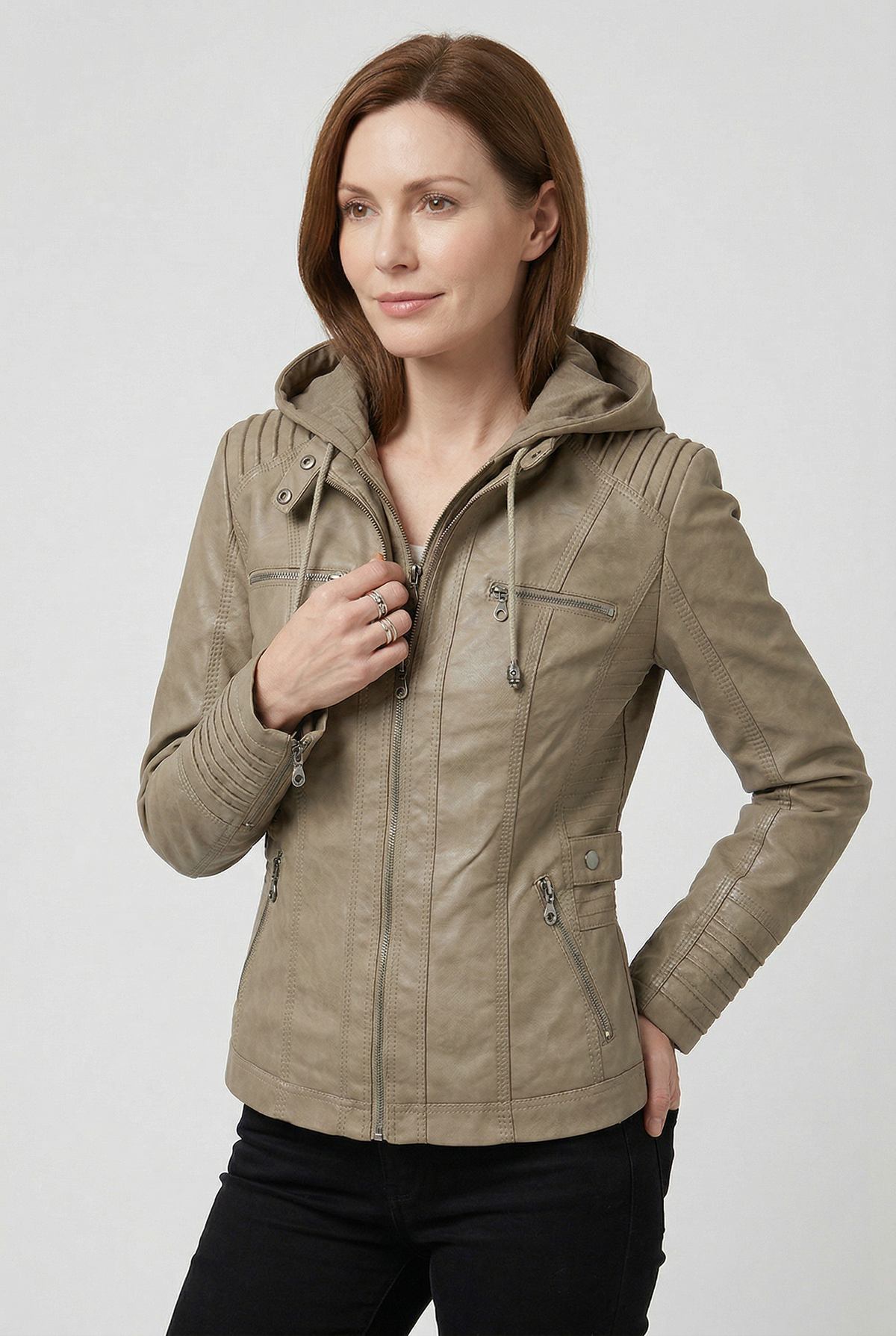 Classic Hooded Leather-Look Zip Jacket with Chest Pockets