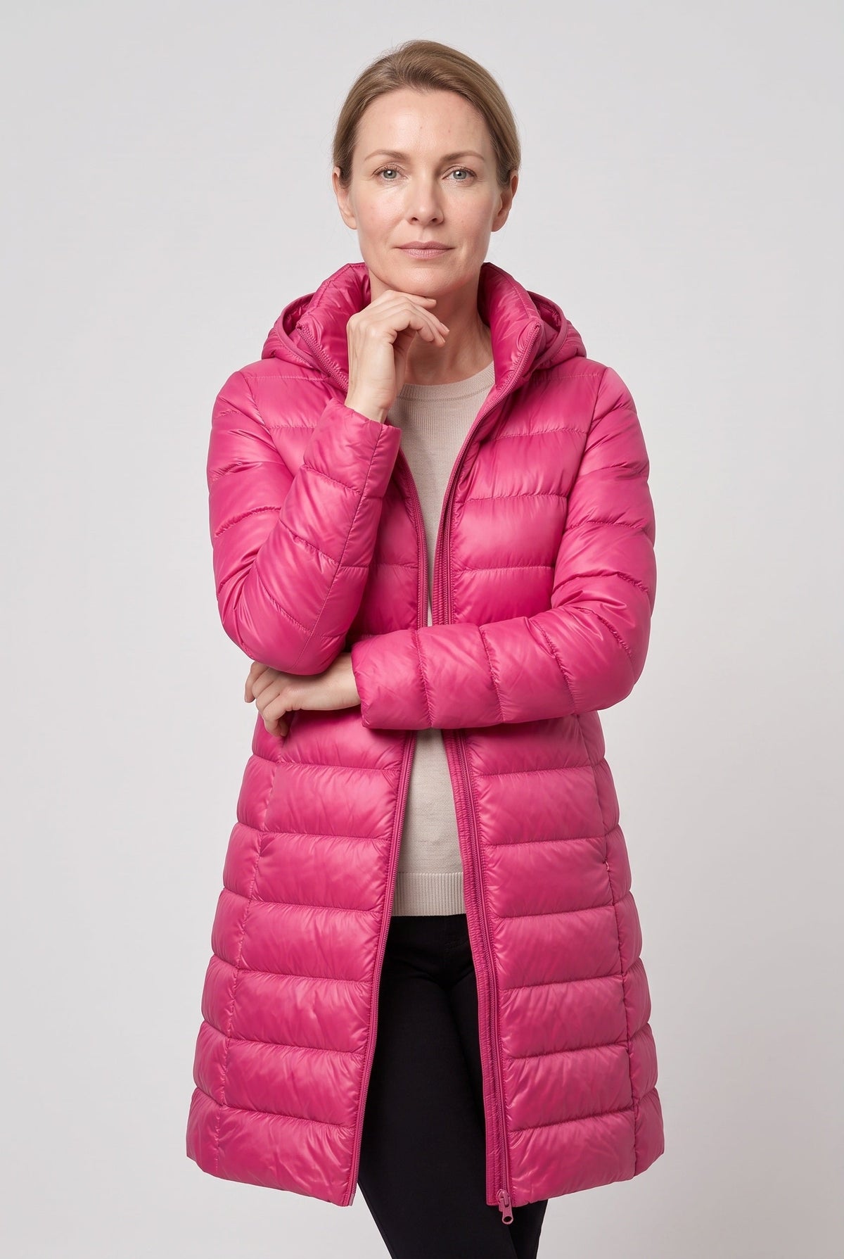 Classic Longline Hooded Puffer Jacket with Zip Front