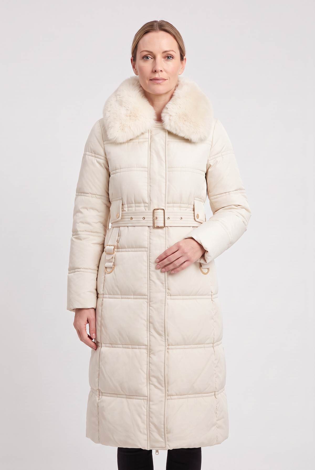 Classic Quilted Belted Coat with Faux Fur Collar