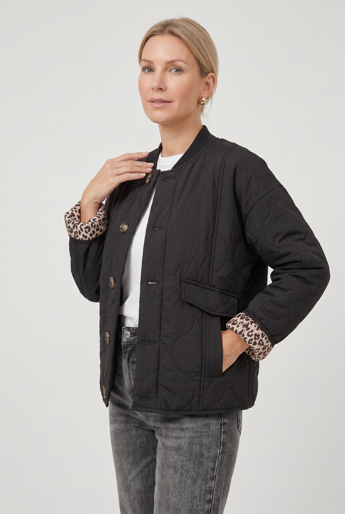 Classic Quilted Button Front Jacket with Leopard Lining