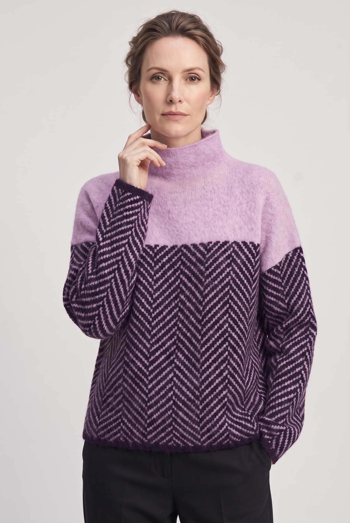 Classic Herringbone Panel Funnel Neck Sweater
