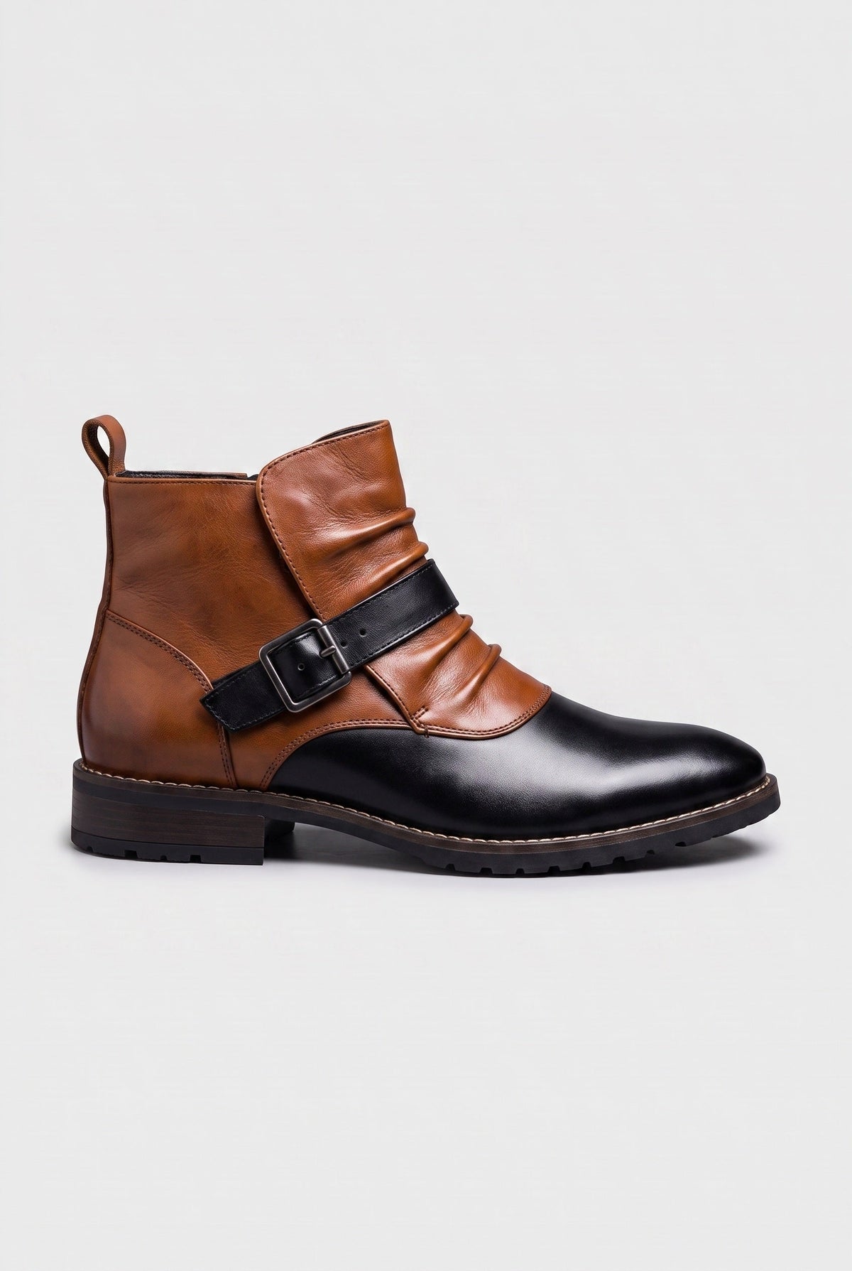 Classic Buckle Strap Leather Ankle Boots with Block Heel