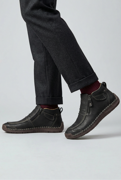 Classic Moc Toe Leather Ankle Boots with Side Zip