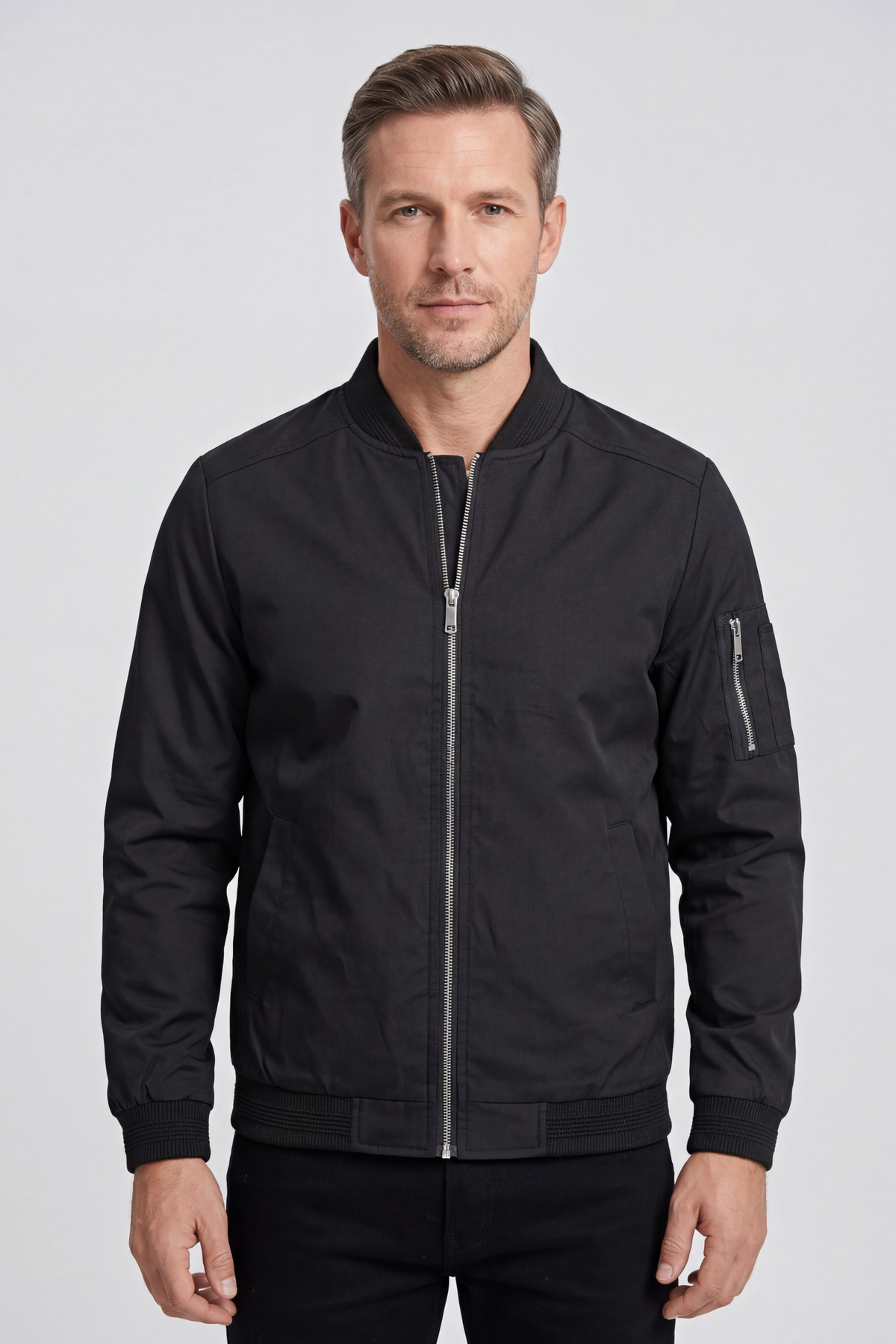 Classic Ribbed Collar Bomber Jacket with Zip Sleeve Pocket