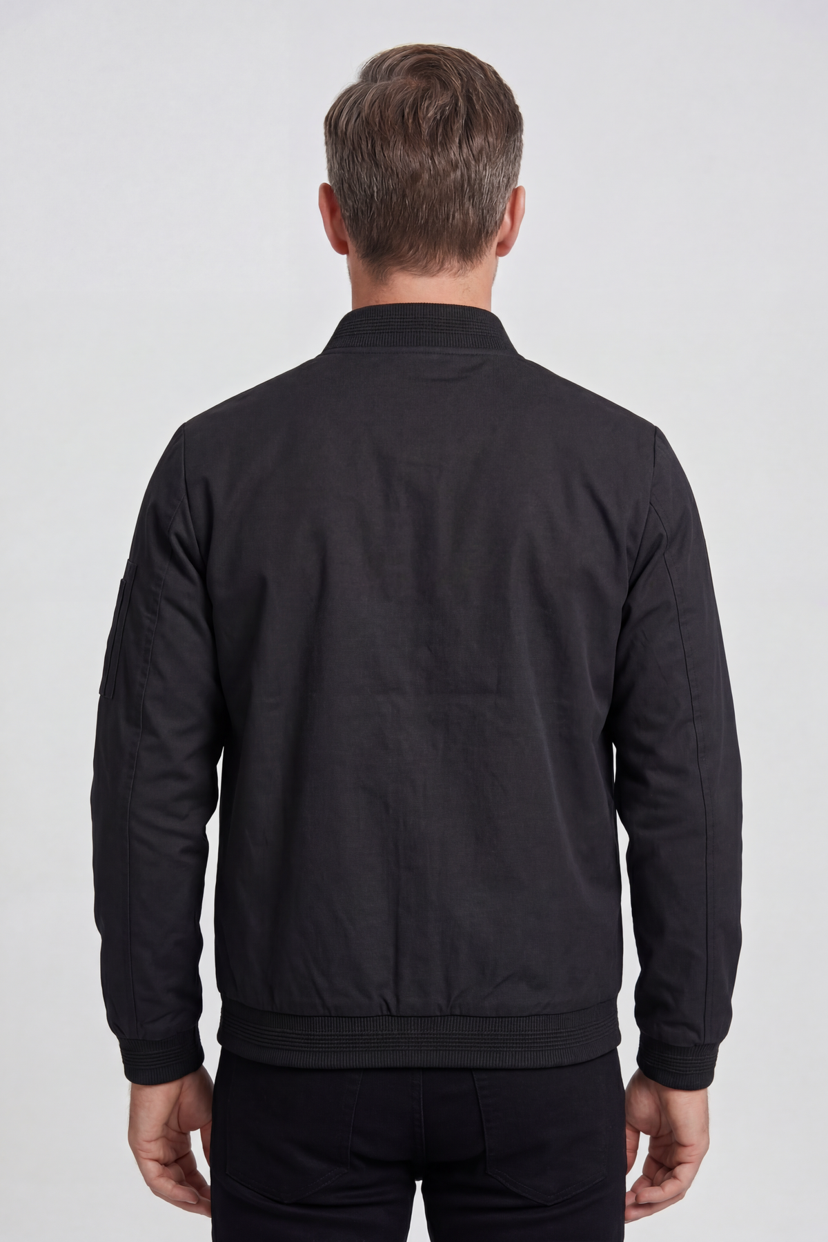 Classic Ribbed Collar Bomber Jacket with Zip Sleeve Pocket