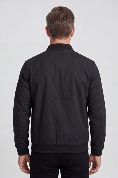 Classic Ribbed Collar Bomber Jacket with Zip Sleeve Pocket