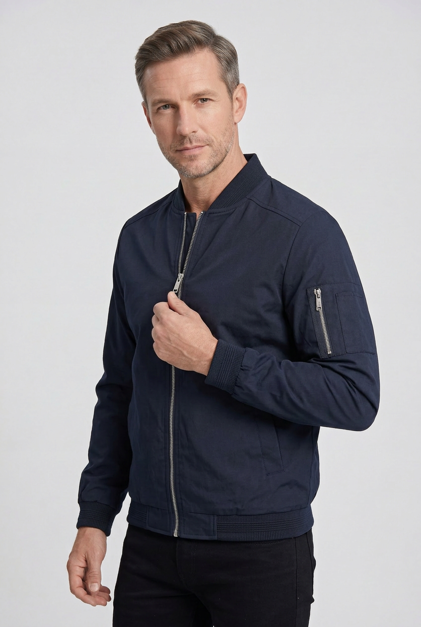 Classic Ribbed Collar Bomber Jacket with Zip Sleeve Pocket