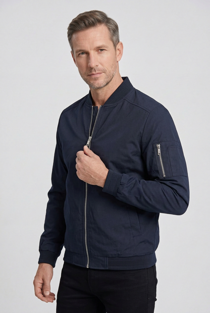 Classic Ribbed Collar Bomber Jacket with Zip Sleeve Pocket
