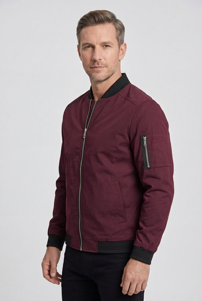 Classic Ribbed Collar Bomber Jacket with Zip Sleeve Pocket