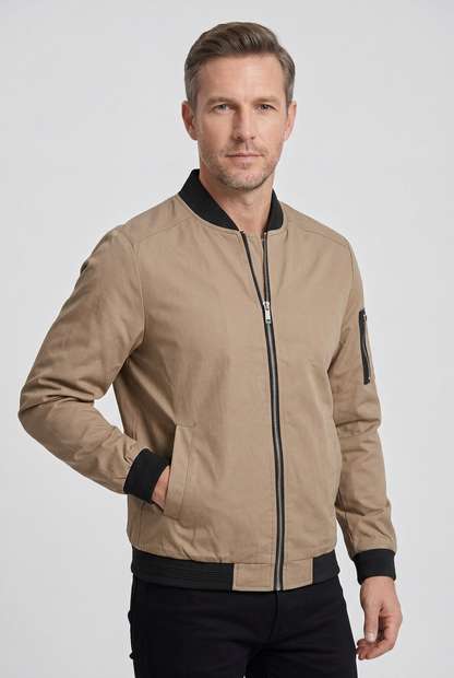 Classic Ribbed Collar Bomber Jacket with Zip Sleeve Pocket