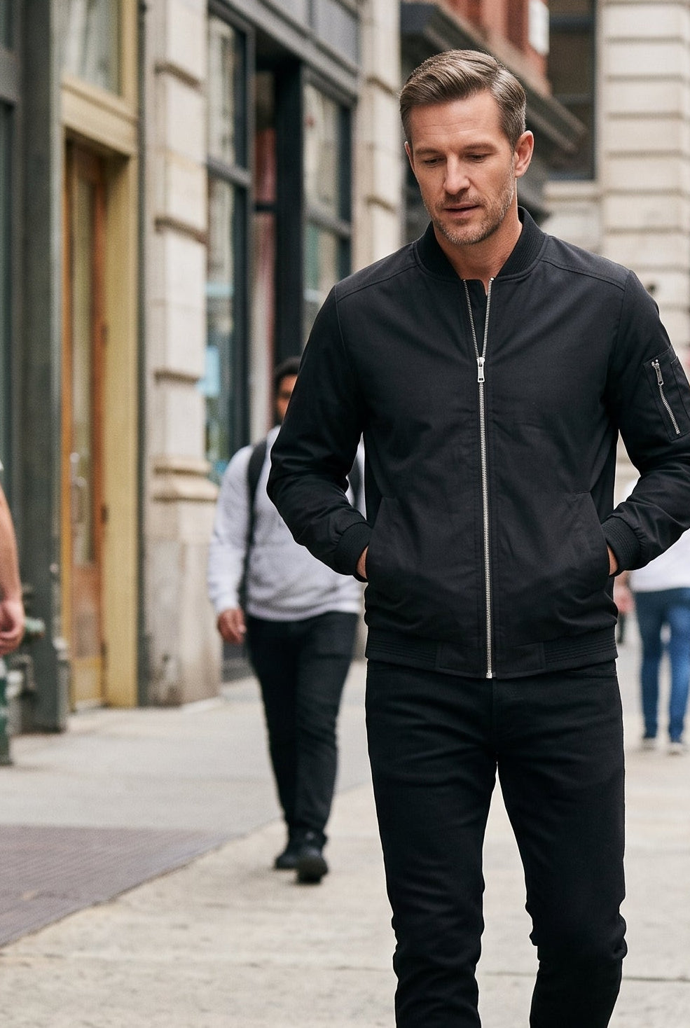 Classic Ribbed Collar Bomber Jacket with Zip Sleeve Pocket