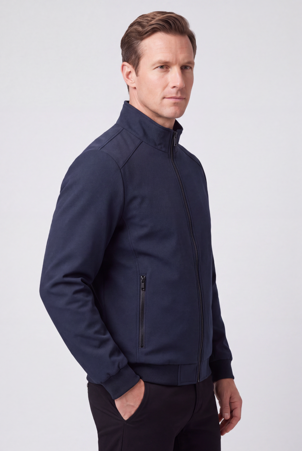 Classic Stand Collar Bomber Jacket with Ribbed Hem