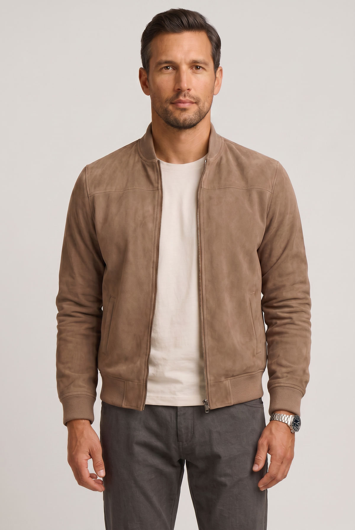 Classic Suede-Look Bomber Jacket with Zip Front