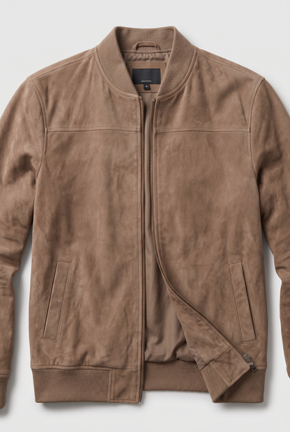Classic Suede-Look Bomber Jacket with Zip Front