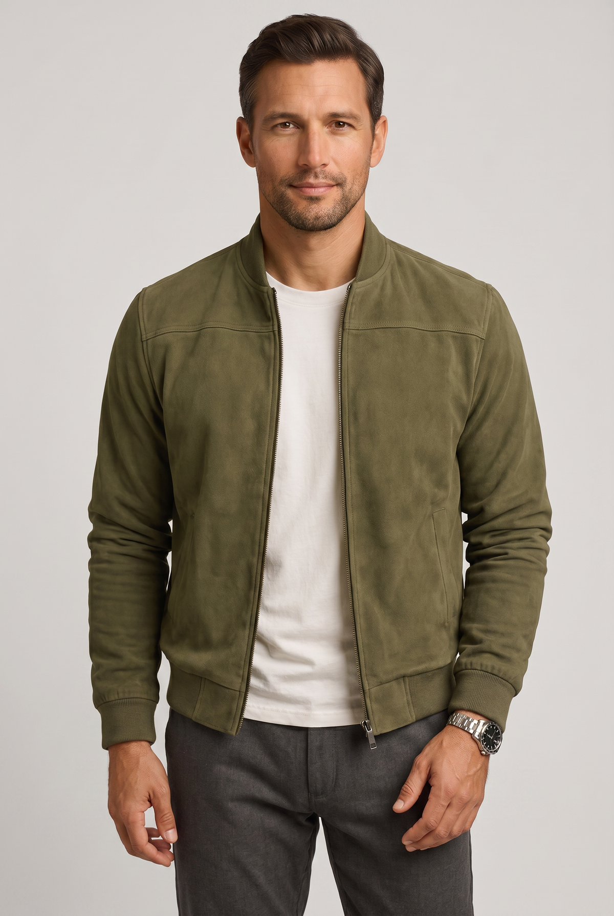 Classic Suede-Look Bomber Jacket with Zip Front