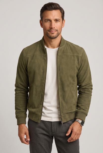 Classic Suede-Look Bomber Jacket with Zip Front