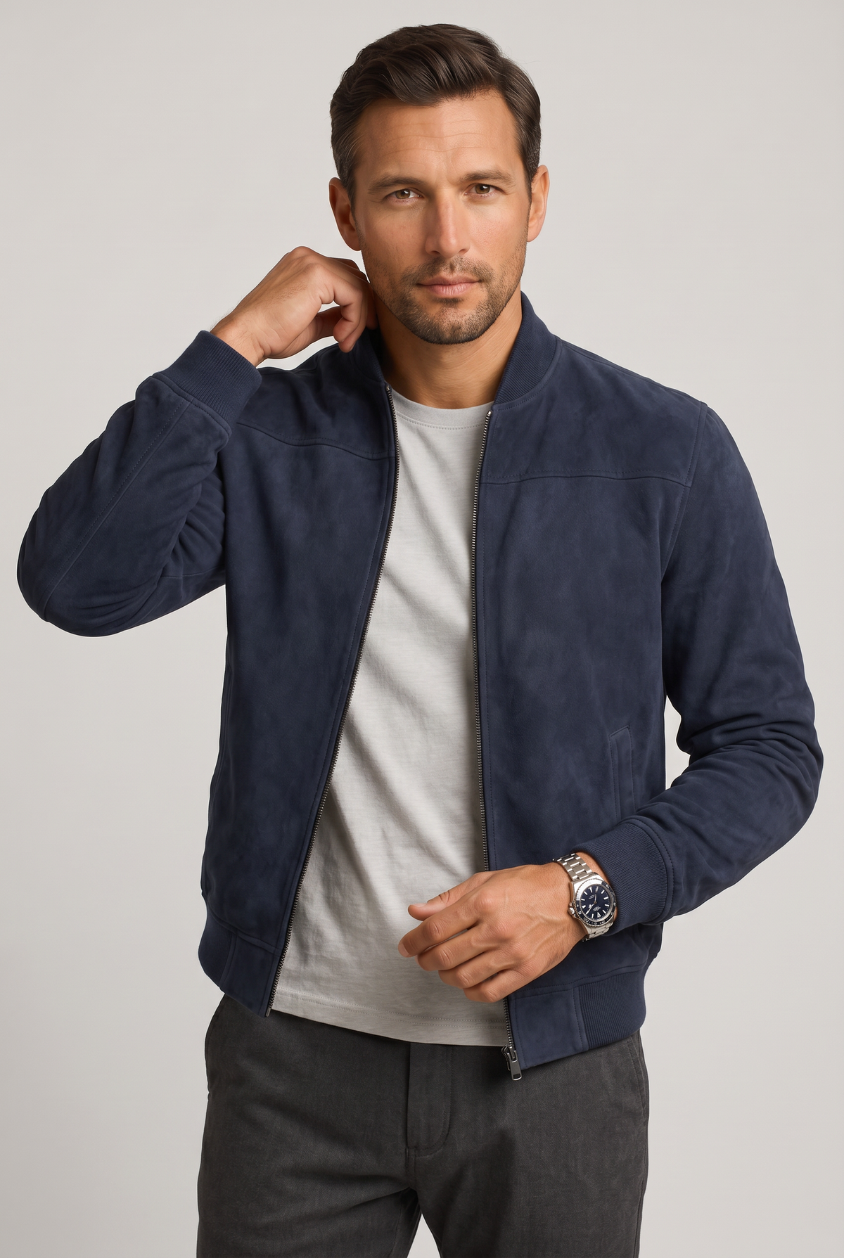 Classic Suede-Look Bomber Jacket with Zip Front