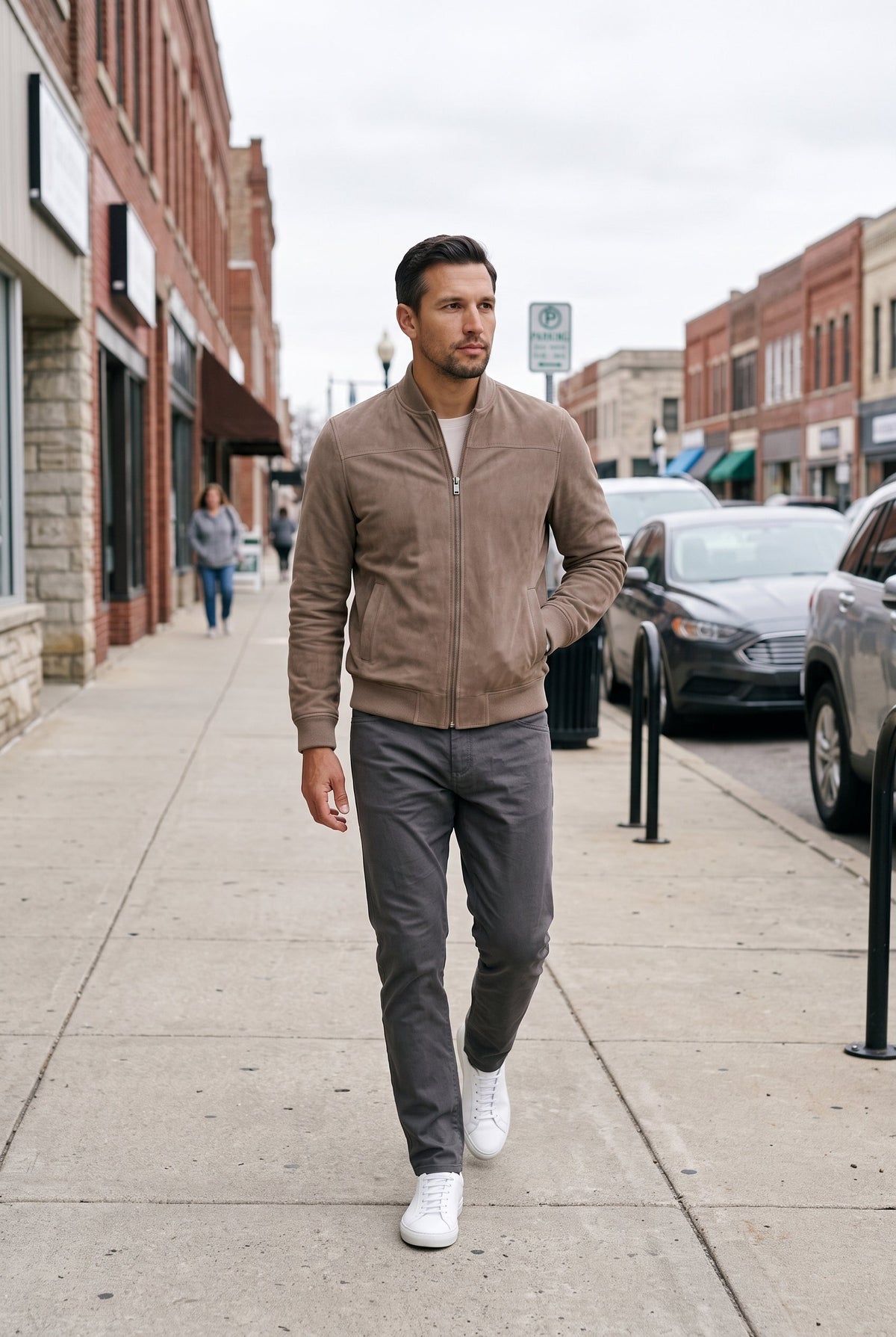 Classic Suede-Look Bomber Jacket with Zip Front