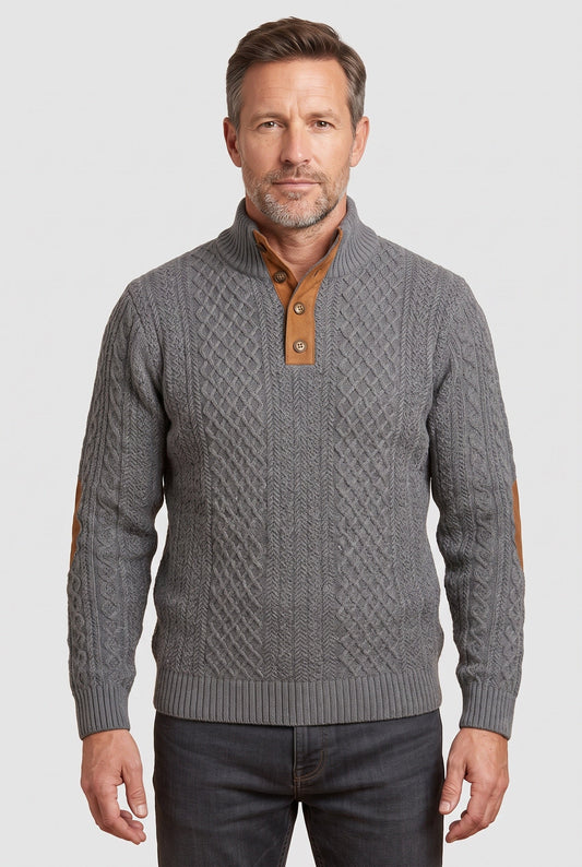 Classic Cable Knit Button Neck Sweater with Elbow Patches