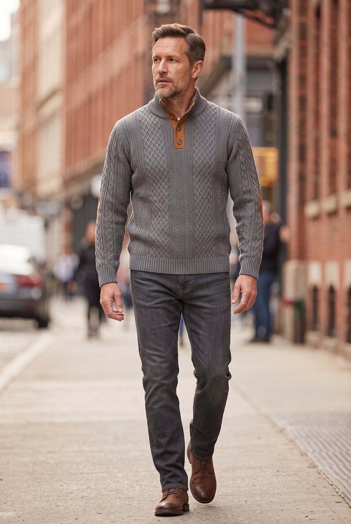 Classic Cable Knit Button Neck Sweater with Elbow Patches