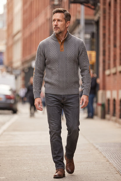 Classic Cable Knit Button Neck Sweater with Elbow Patches