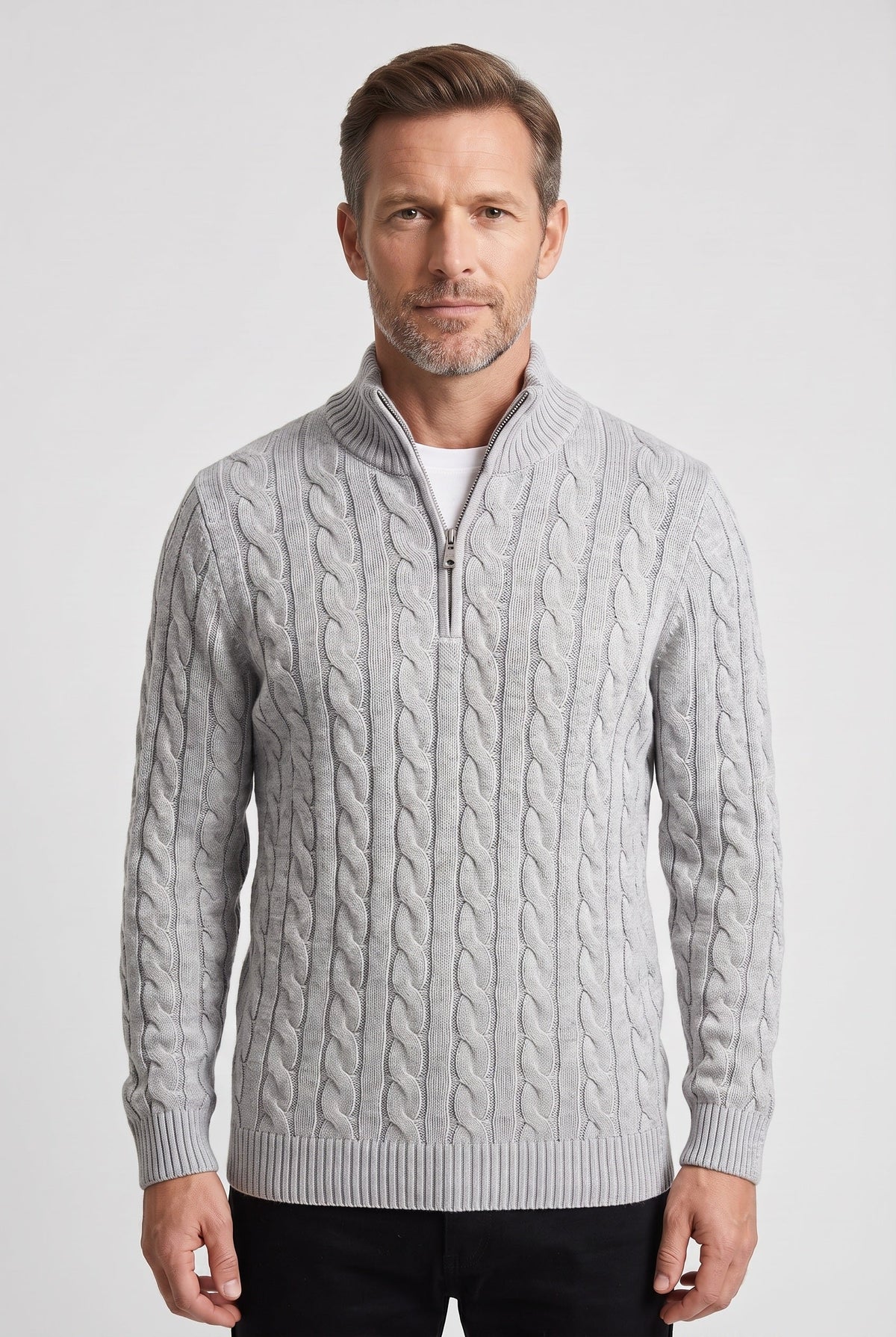Classic Cable Knit Quarter Zip Sweater with Ribbed Collar