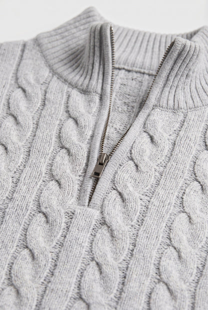 Classic Cable Knit Quarter Zip Sweater with Ribbed Collar