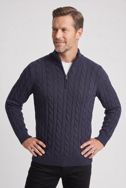 Classic Cable Knit Quarter Zip Sweater with Ribbed Collar