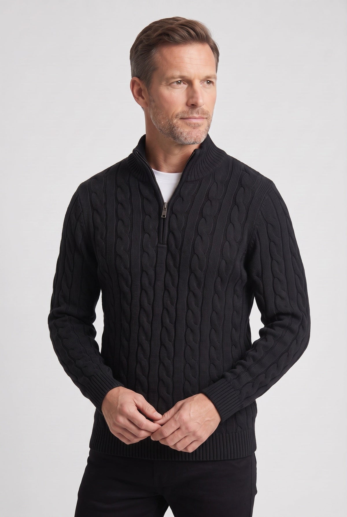 Classic Cable Knit Quarter Zip Sweater with Ribbed Collar