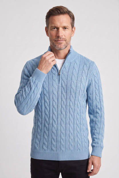 Classic Cable Knit Quarter Zip Sweater with Ribbed Collar