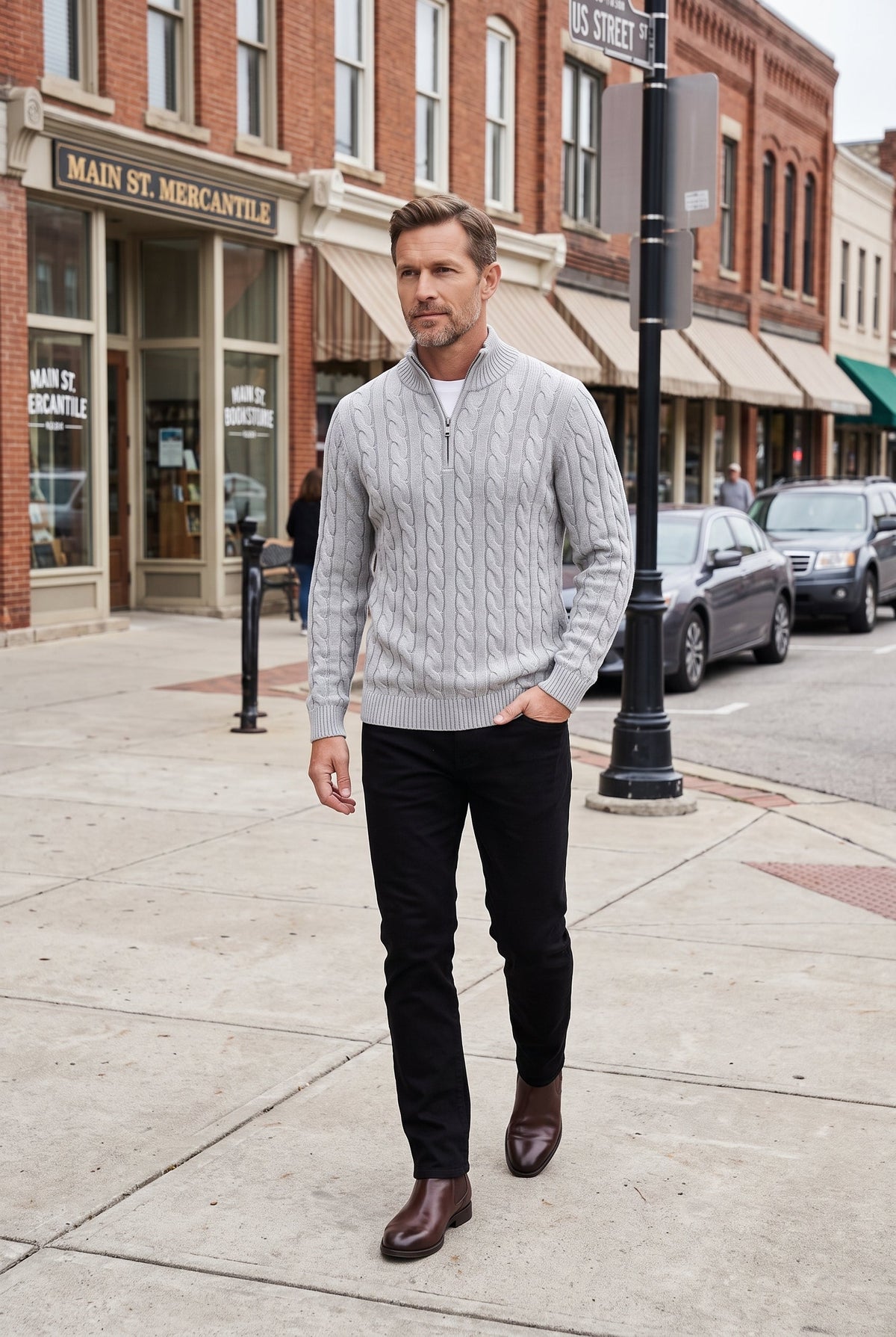 Classic Cable Knit Quarter Zip Sweater with Ribbed Collar