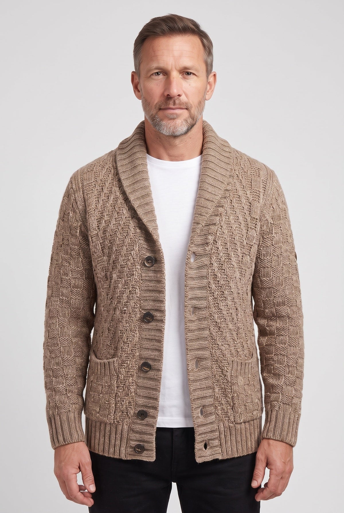 Classic Basket Weave Shawl Collar Cardigan