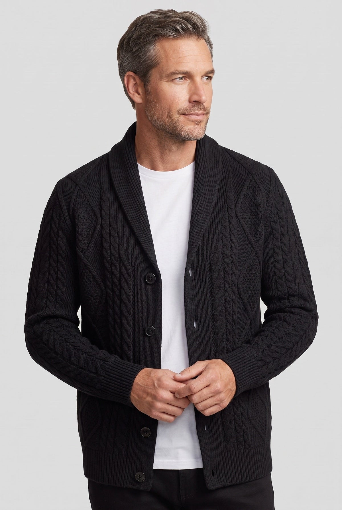 Classic Cable Knit Shawl Collar Cardigan