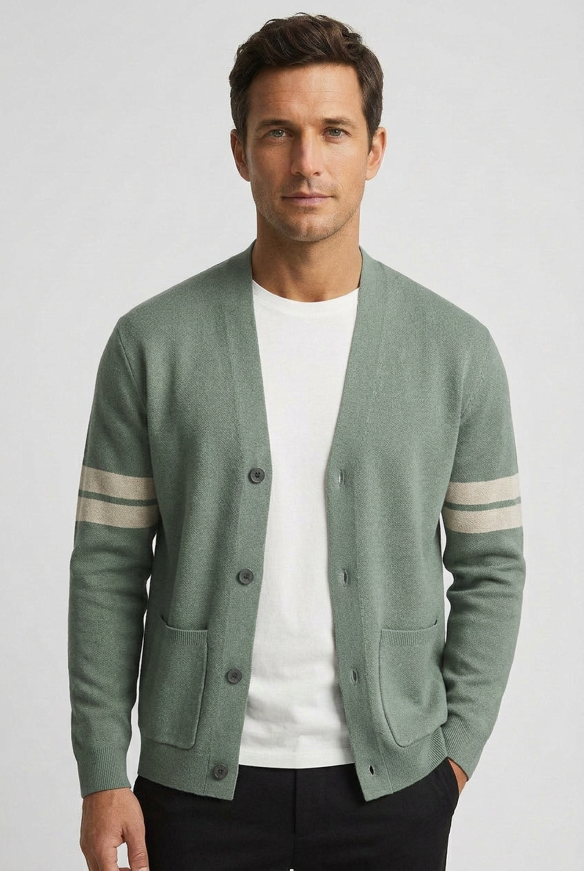 Classic V-Neck Cotton Cardigan with Striped Sleeves