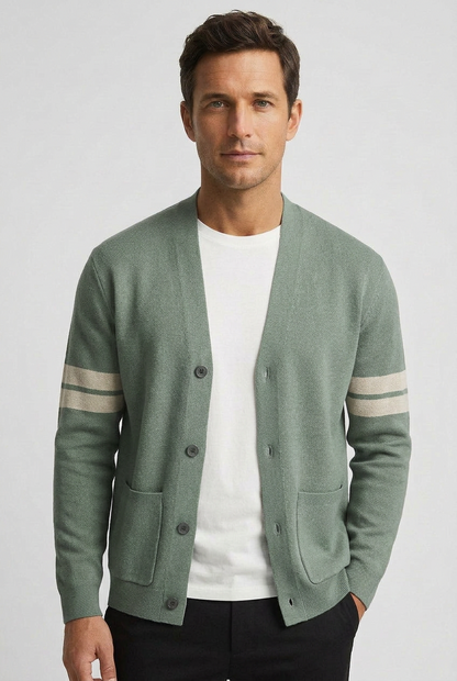 Classic V-Neck Cotton Cardigan with Striped Sleeves