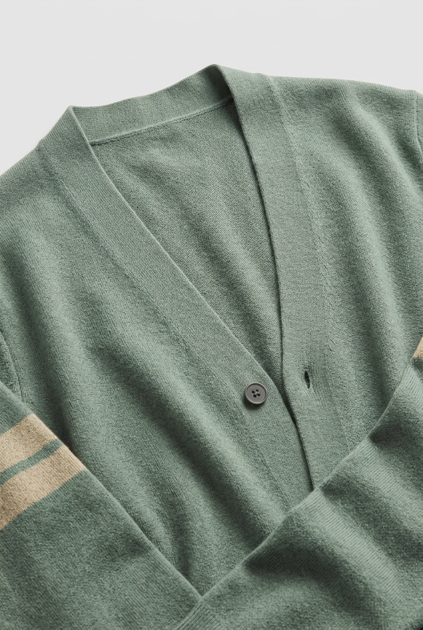 Classic V-Neck Cotton Cardigan with Striped Sleeves