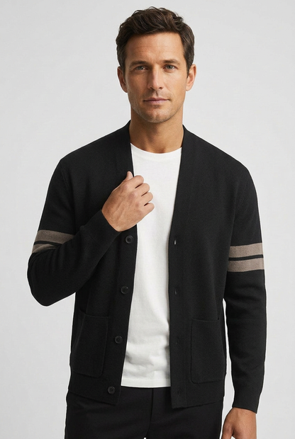 Classic V-Neck Cotton Cardigan with Striped Sleeves