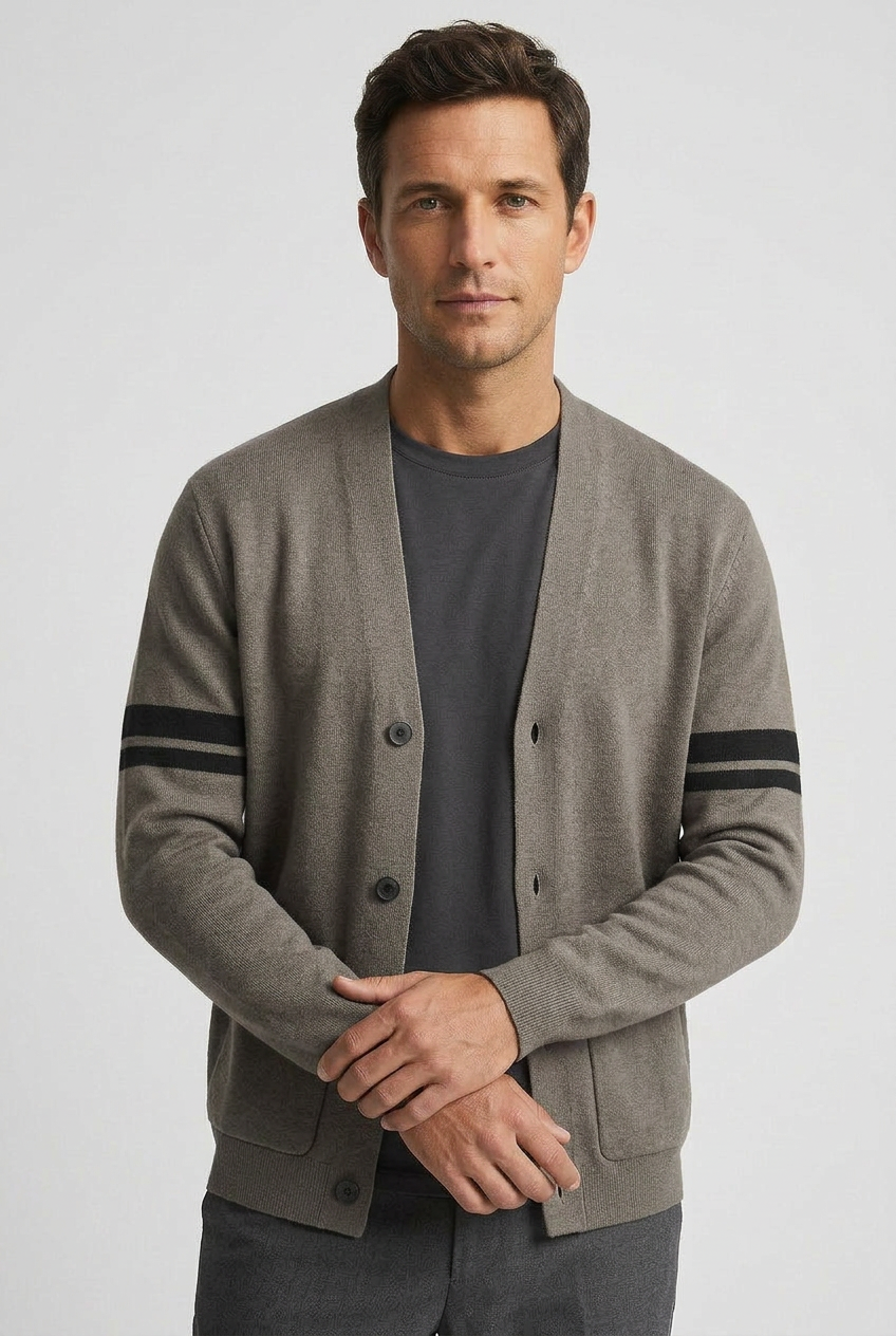 Classic V-Neck Cotton Cardigan with Striped Sleeves
